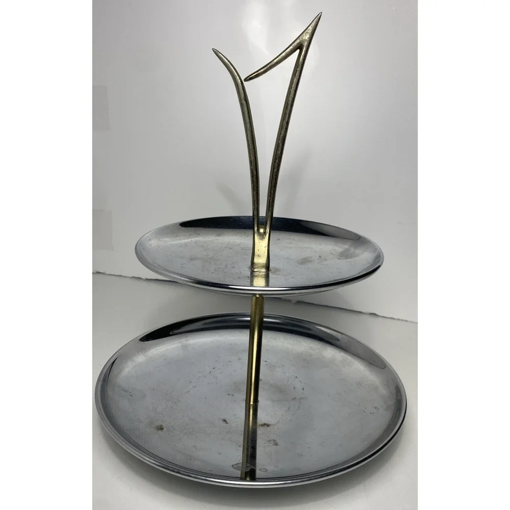 Vintage Kromex MCM 2 Serving Trays two tier Atomic Chrome and Brass